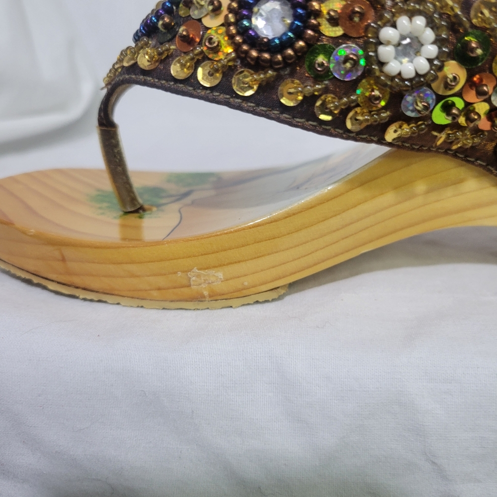 Vintage Y2K Bamboo Wooden Wedge Sandals Boho Sequin Painted Size 7 - Picture 4 of 13